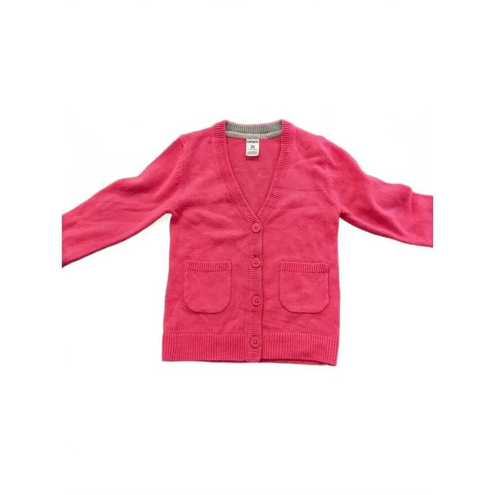 Carter's Cardigan Sweater Girls 2T Pink Knit Elbow Patch Pockets Button Front